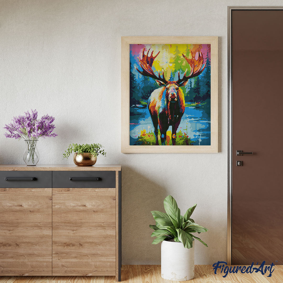 Diamond Painting 40x50 auf Keilrahmen gespannt Figured’Art Elch Farbenfroh Abstrakt - Kidis Art
