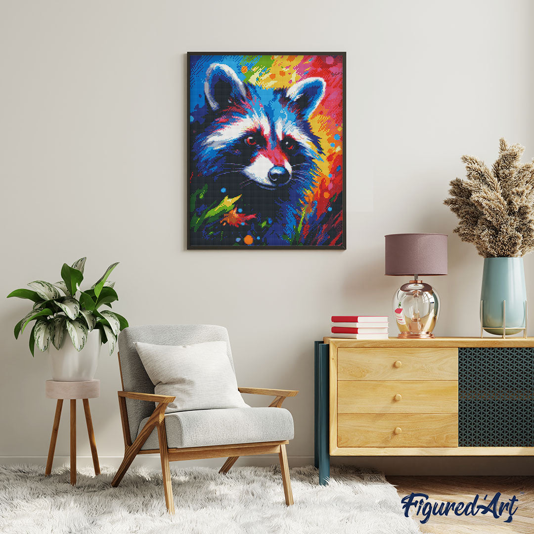 Diamond Painting 40x50 gerollte Leinwand Figured’Art Waschbär Farbenfroh Abstrakt - Kidis Art