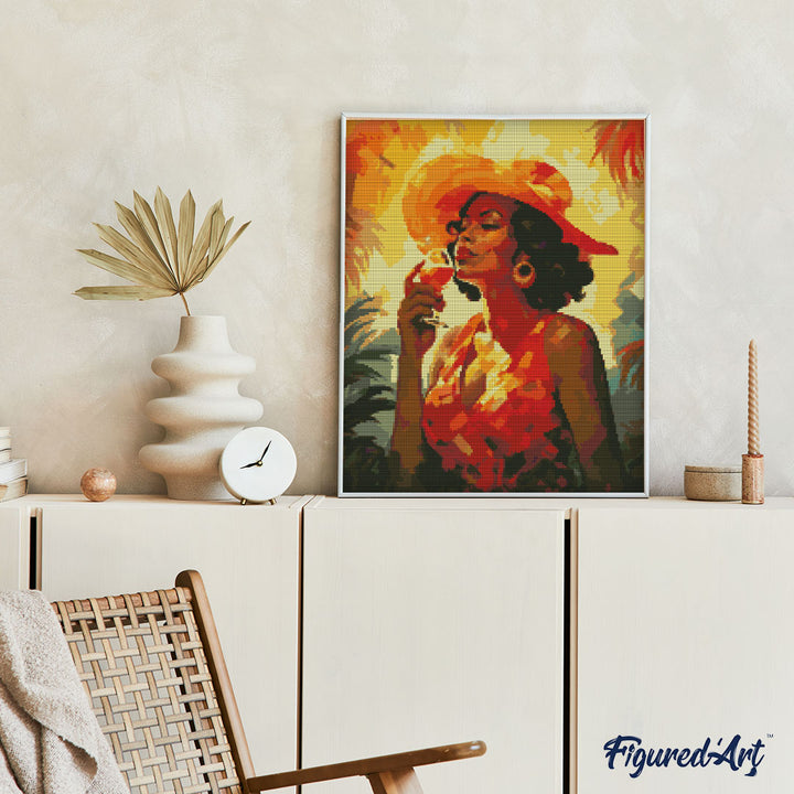 Diamond Painting 40x50 gerollte Leinwand Figured’Art Frau, die ein Glas trinkt im Art-Déco-Stil - Kidis Art