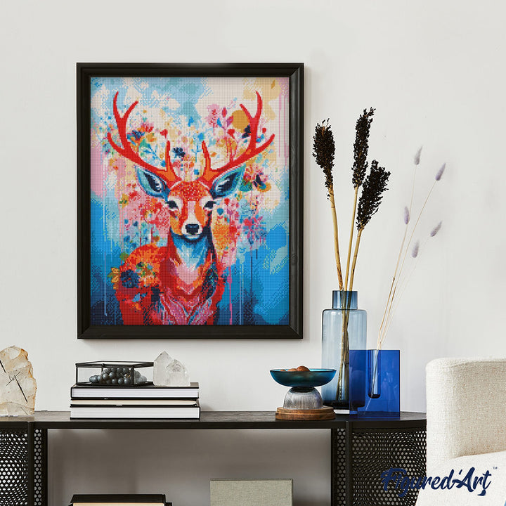 Diamond Painting 40x50 gerollte Leinwand Figured’Art Bunter Hirsch in voller Blüte - Kidis Art