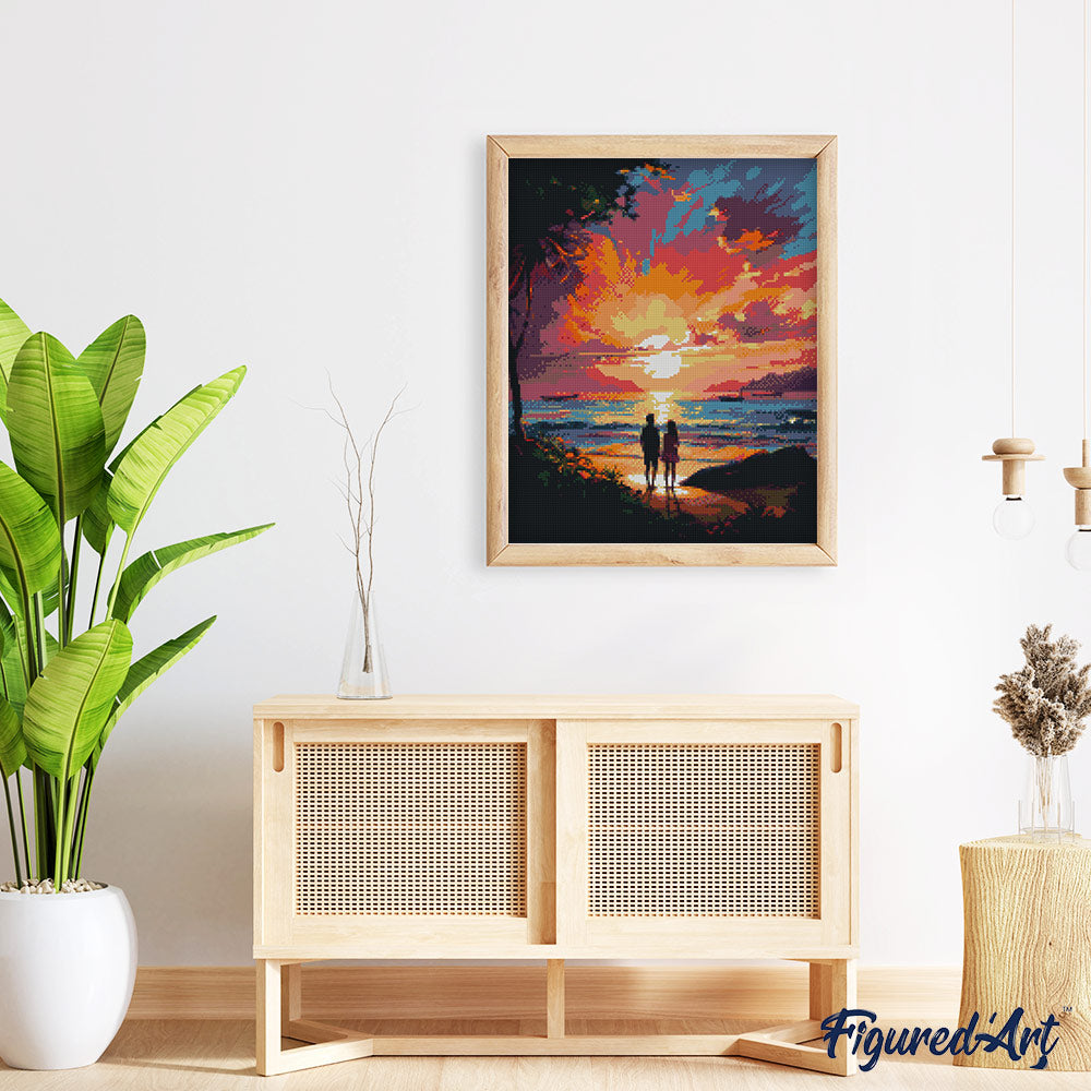 Diamond Painting 40x50 auf Keilrahmen gespannt Figured’Art Pärchen und bunter Sonnenuntergang - Kidis Art