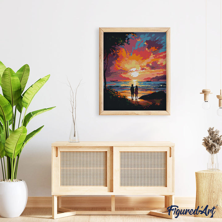 Diamond Painting 40x50 auf Keilrahmen gespannt Figured’Art Pärchen und bunter Sonnenuntergang - Kidis Art
