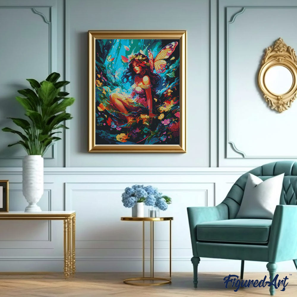 Diamond Painting 40x50 auf Keilrahmen gespannt Figured’Art Fee und Schmetterlinge - Kidis Art
