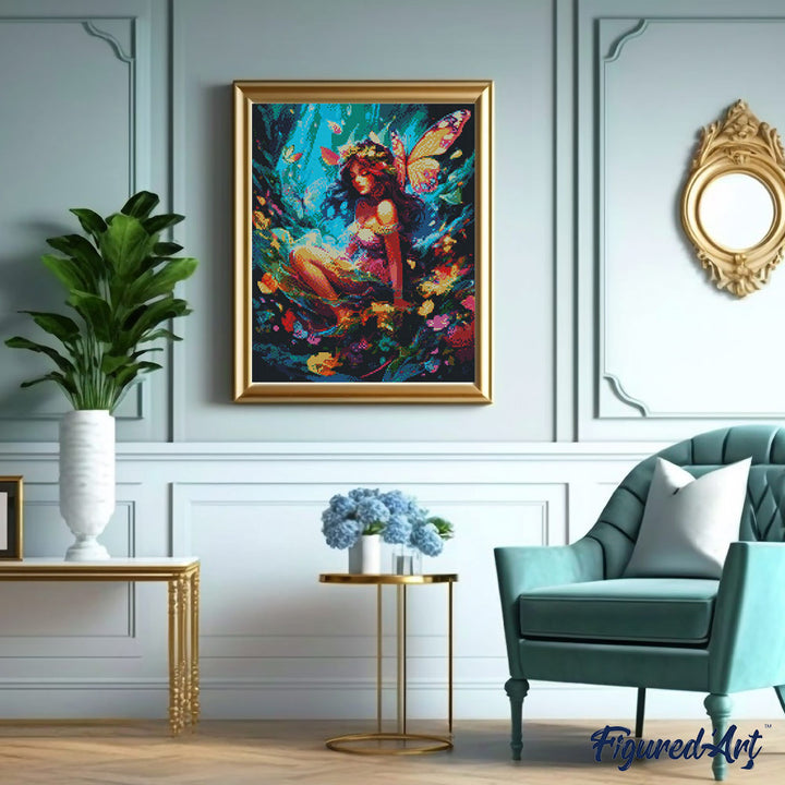 Diamond Painting 40x50 auf Keilrahmen gespannt Figured’Art Fee und Schmetterlinge - Kidis Art