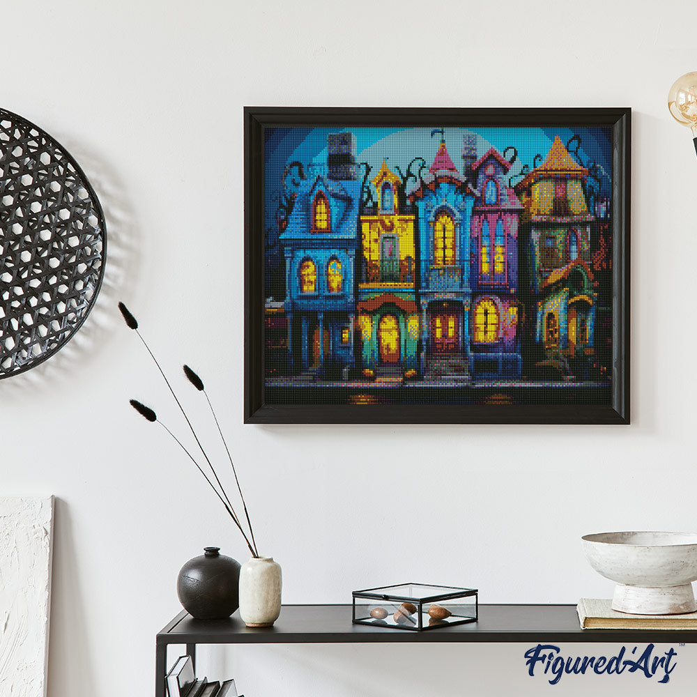 Diamond Painting 40x50 auf Keilrahmen gespannt Figured’Art Bunte Gotische Häuser - Kidis Art
