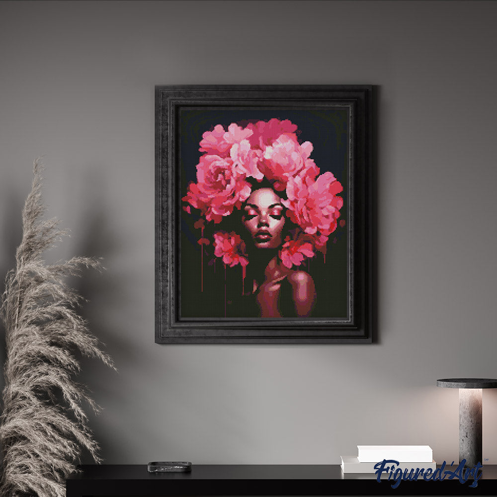 Diamond Painting 40x50 auf Keilrahmen gespannt Figured’Art Frau mit Pfingstrosenhaaren - Kidis Art