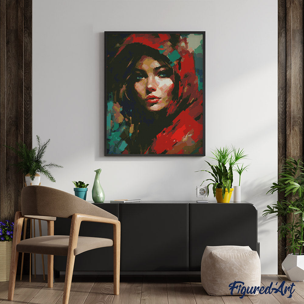 Diamond Painting 40x50 gerollte Leinwand Figured’Art Frau mit rotem Kopftuch - Kidis Art