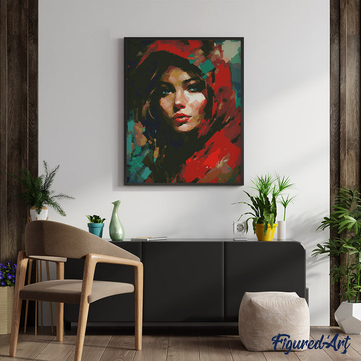 Diamond Painting 40x50 gerollte Leinwand Figured’Art Frau mit rotem Kopftuch - Kidis Art
