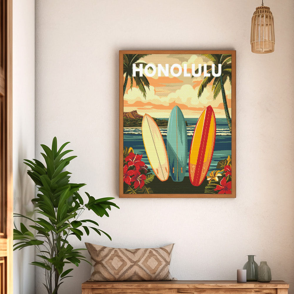 Diamond Painting 40x50 auf Keilrahmen gespannt Figured’Art Reiseposter Honolulu - Kidis Art