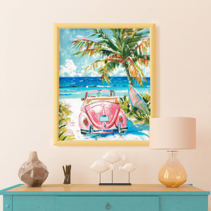 Diamond Painting 40x50 gerollte Leinwand Figured’Art Rosa Auto am Meer - Kidis Art