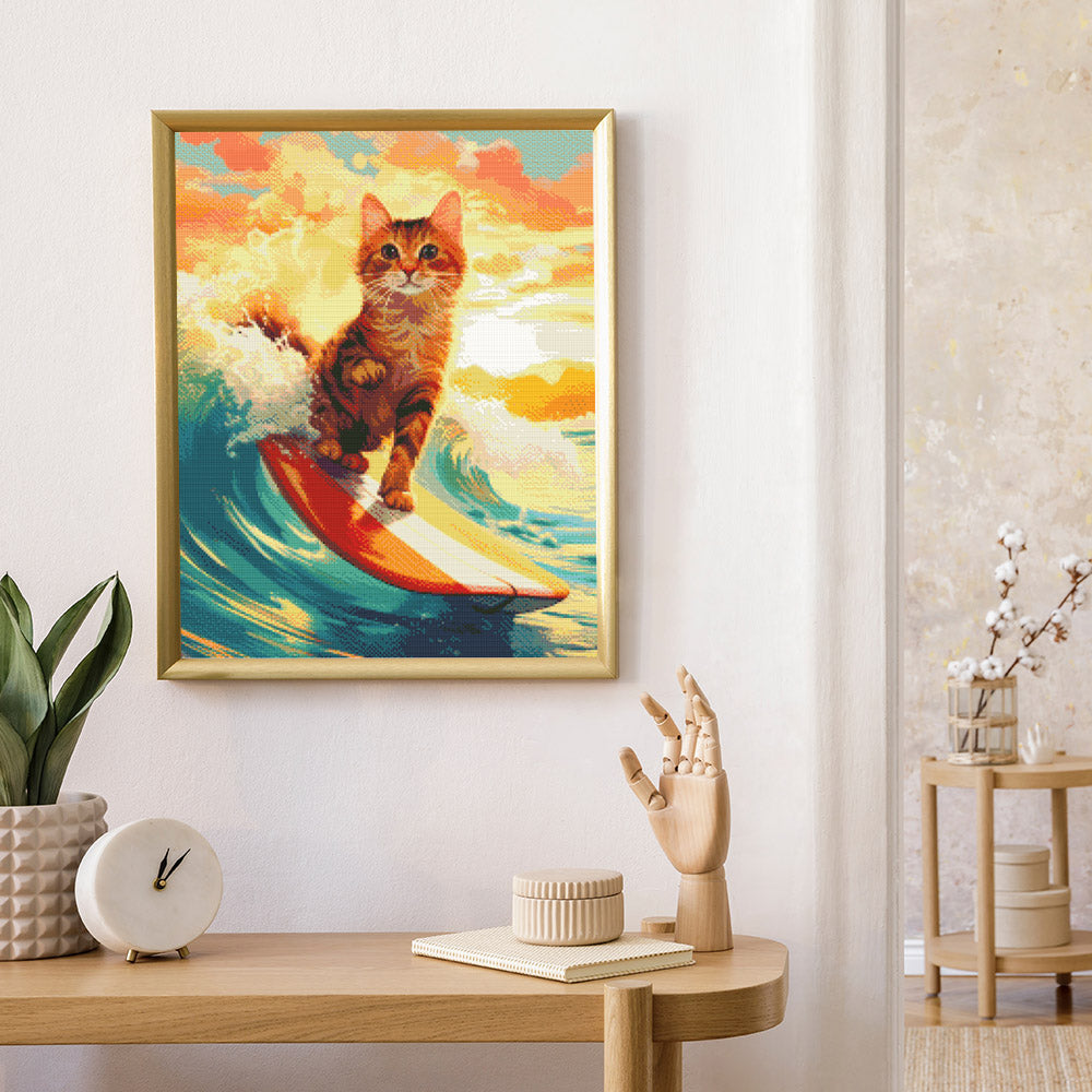 Diamond Painting 40x50 auf Keilrahmen gespannt Figured’Art Surfende Katze - Kidis Art