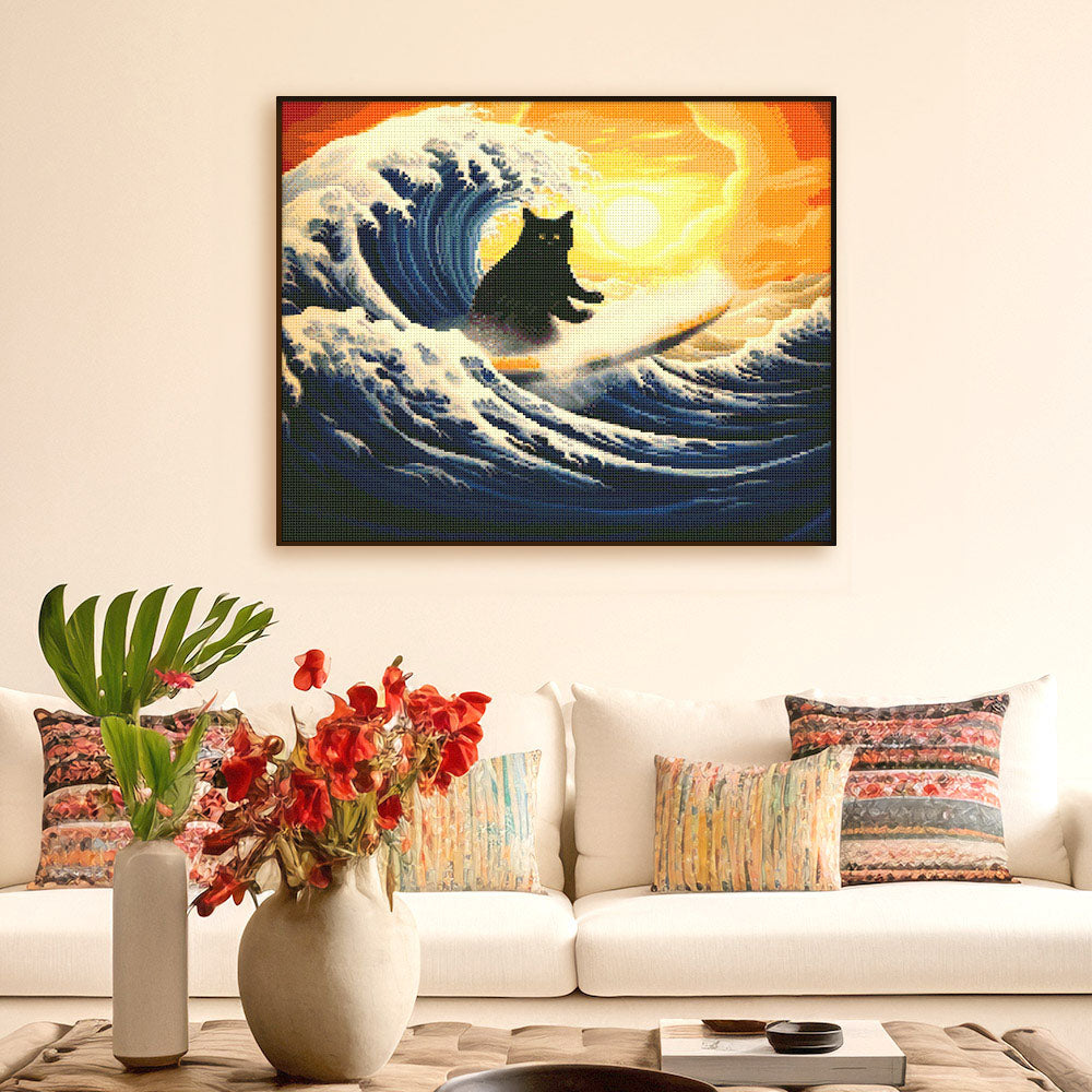 Diamond Painting 40x50 auf Keilrahmen gespannt Figured’Art Die grosse Welle der schwarzen Katze - Kidis Art