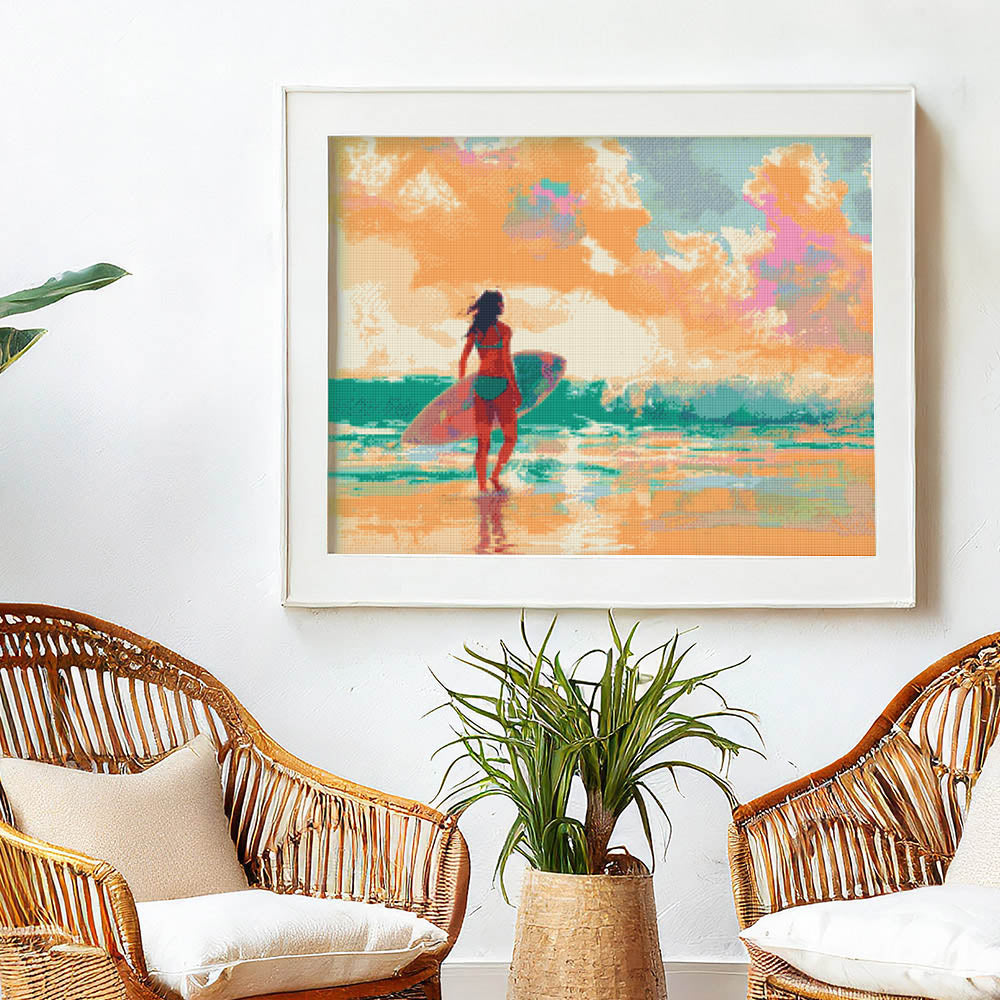 Diamond Painting 40x50 auf Keilrahmen gespannt Figured’Art Surfmädchen im Morgengrauen - Kidis Art