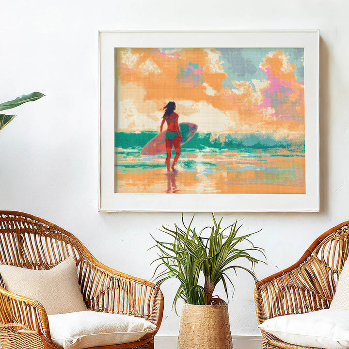 Diamond Painting 40x50 auf Keilrahmen gespannt Figured’Art Surfmädchen im Morgengrauen - Kidis Art