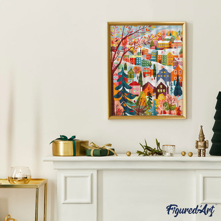 Diamond Painting 40x50 auf Keilrahmen gespannt Figured’Art Buntes Winterdorf - Kidis Art