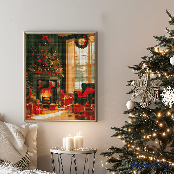 Diamond Painting 40x50 auf Keilrahmen gespannt Figured’Art Kaminfeuer zu Weihnachten - Kidis Art
