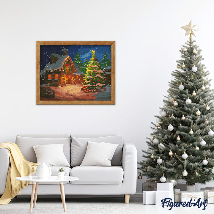 Diamond Painting 40x50 auf Keilrahmen gespannt Figured’Art Verschneites Weihnachtshäuschen - Kidis Art