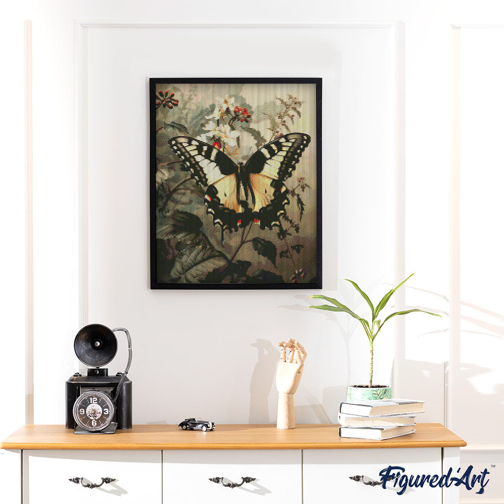 Diamond Painting 40x50 auf Keilrahmen gespannt Figured’Art Machaon und weiße Blumen - Kidis Art