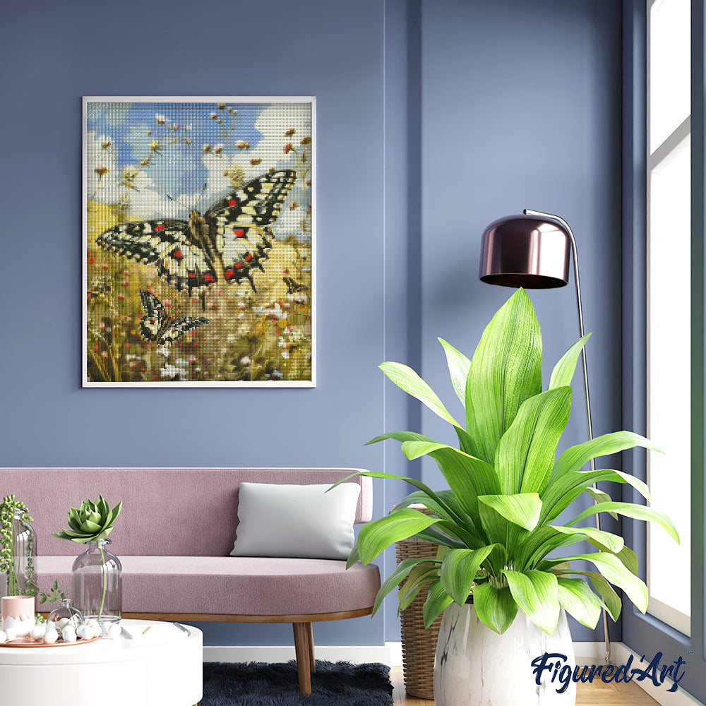 Diamond Painting 40x50 auf Keilrahmen gespannt Figured’Art Schmetterling Proserpine und Feldblumen - Kidis Art