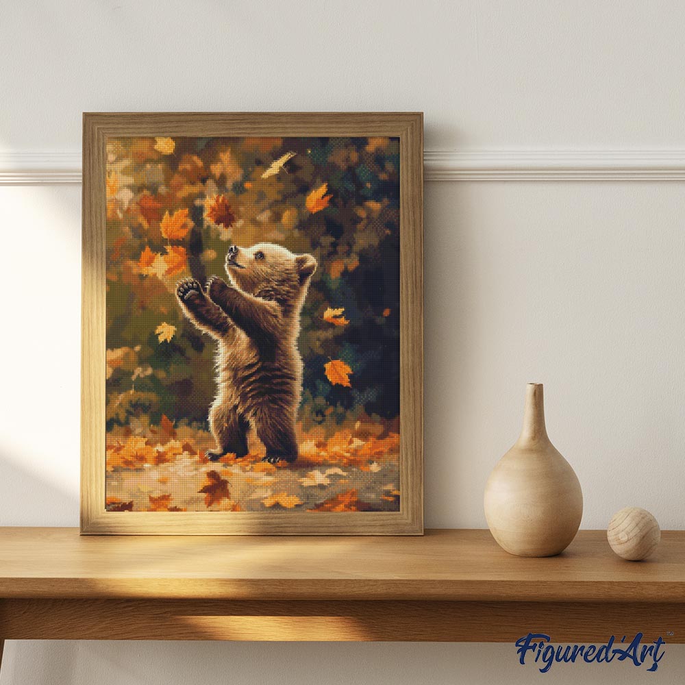 Diamond Painting 40x50 auf Keilrahmen gespannt Figured’Art Bärchen und fallende Blätter - Kidis Art
