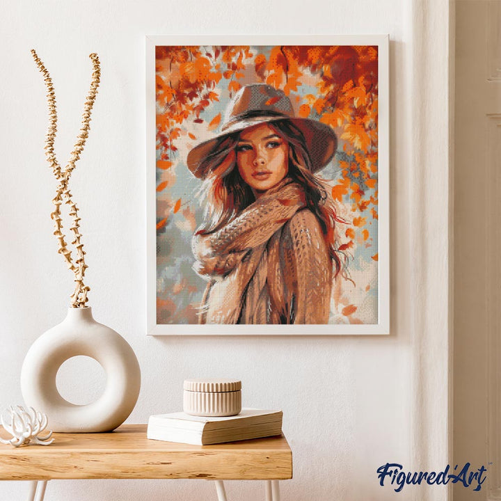 Diamond Painting 40x50 auf Keilrahmen gespannt Figured’Art Frau im Herbstwind - Kidis Art