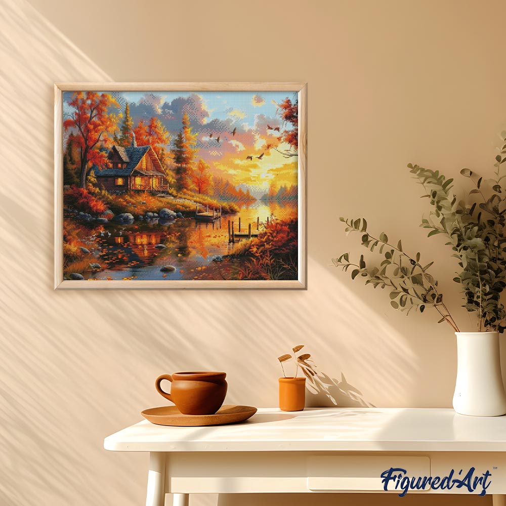 Diamond Painting 40x50 auf Keilrahmen gespannt Figured’Art Herbstlicher Sonnenuntergang in der Nähe der Hütte - Kidis Art