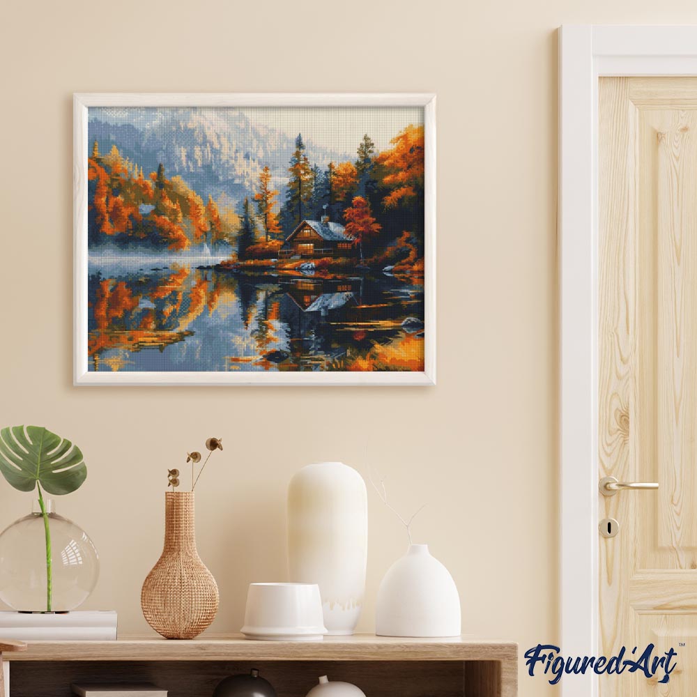 Diamond Painting 40x50 auf Keilrahmen gespannt Figured’Art Hütte am See im Herbst - Kidis Art