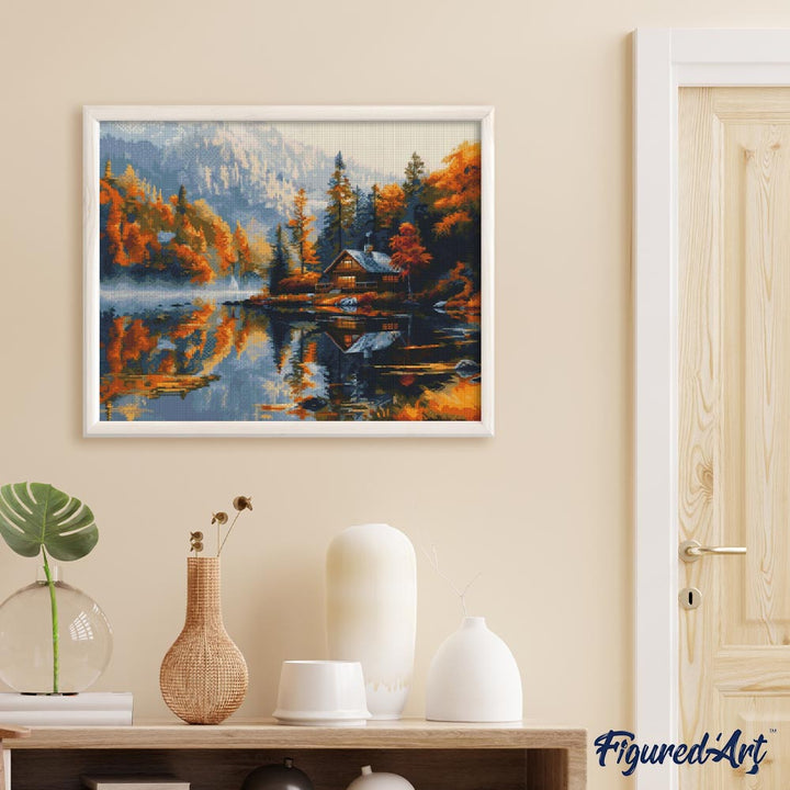 Diamond Painting 40x50 auf Keilrahmen gespannt Figured’Art Hütte am See im Herbst - Kidis Art