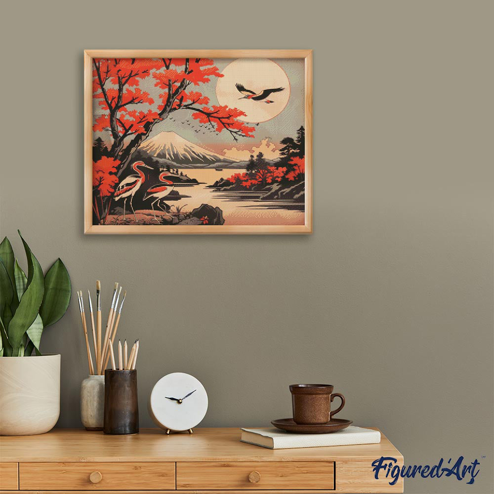 Diamond Painting 40x50 gerollte Leinwand Figured’Art Kraniche und Blick auf den Berg Fuji - Kidis Art
