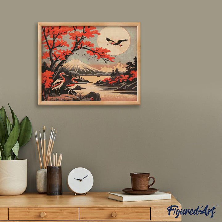 Diamond Painting 40x50 gerollte Leinwand Figured’Art Kraniche und Blick auf den Berg Fuji - Kidis Art