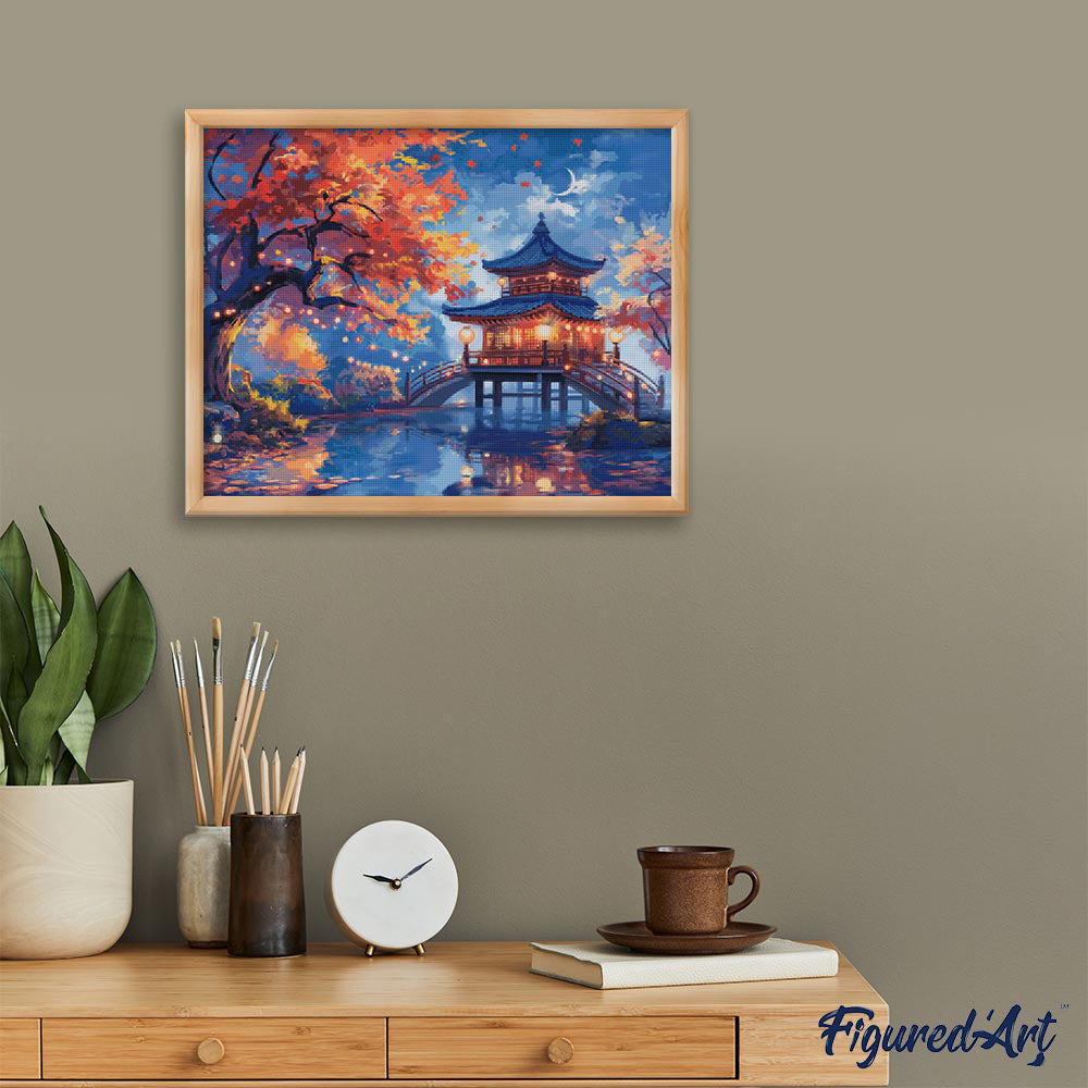 Diamond Painting 40x50 auf Keilrahmen gespannt Figured’Art Pagode in einer Herbstnacht - Kidis Art
