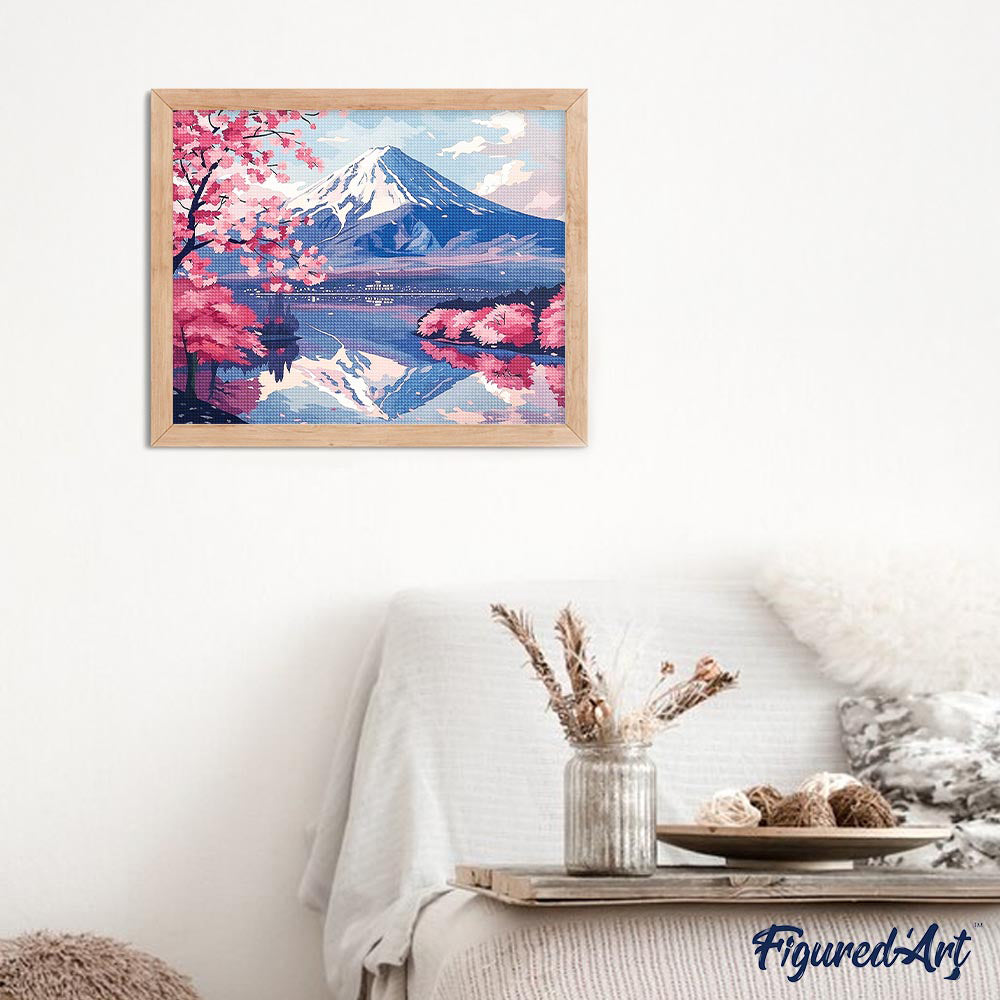 Diamond Painting 40x50 auf Keilrahmen gespannt Figured’Art Fuji und See mit Kirschblüten - Kidis Art