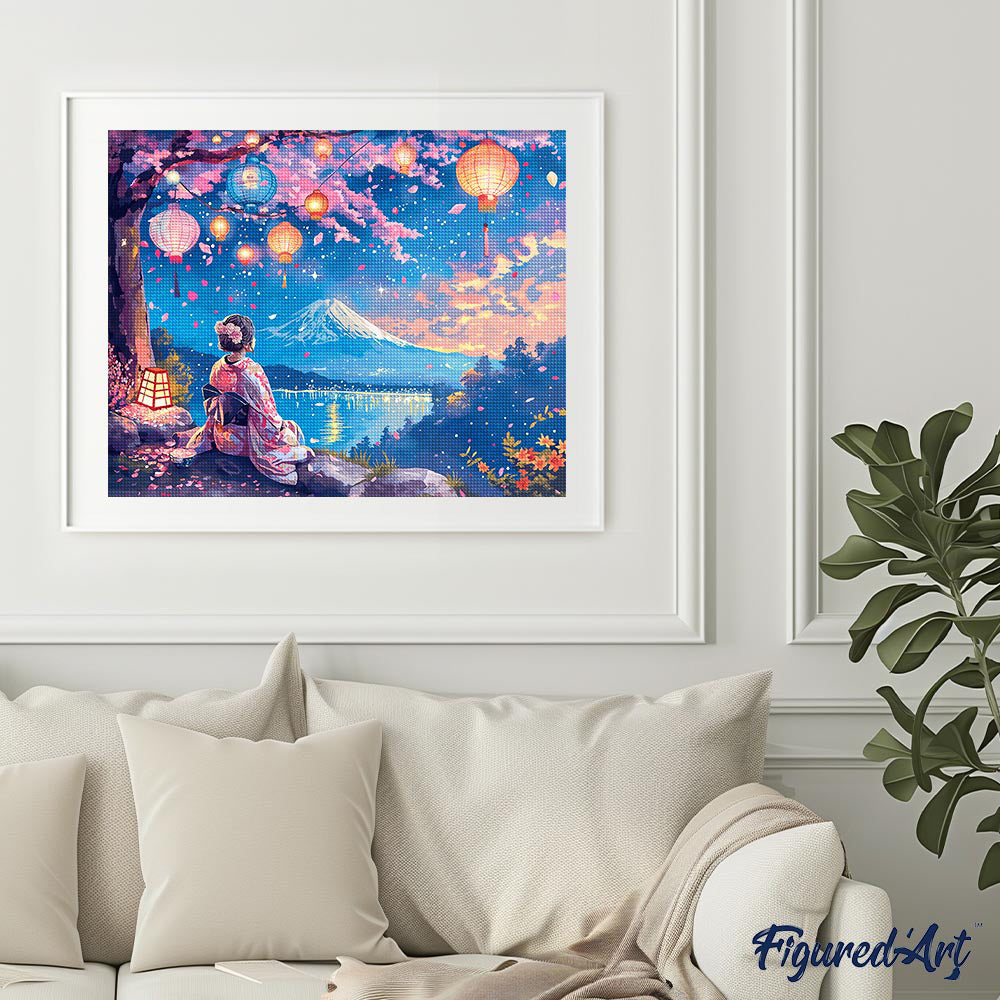 Diamond Painting 40x50 auf Keilrahmen gespannt Figured’Art Geisha, Laternen und Fuji - Kidis Art