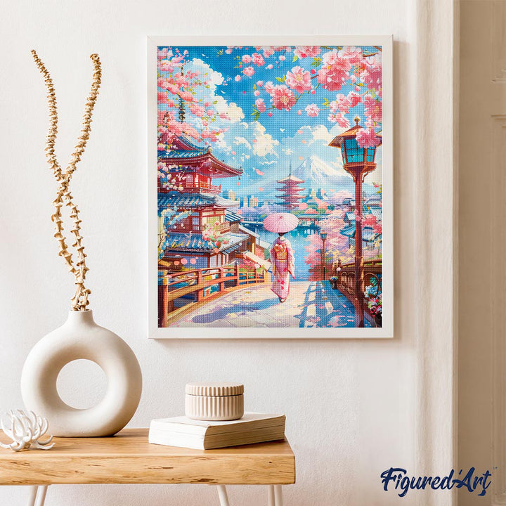Diamond Painting 40x50 gerollte Leinwand Figured’Art Straße mit Kirschblüten in Kyoto - Kidis Art