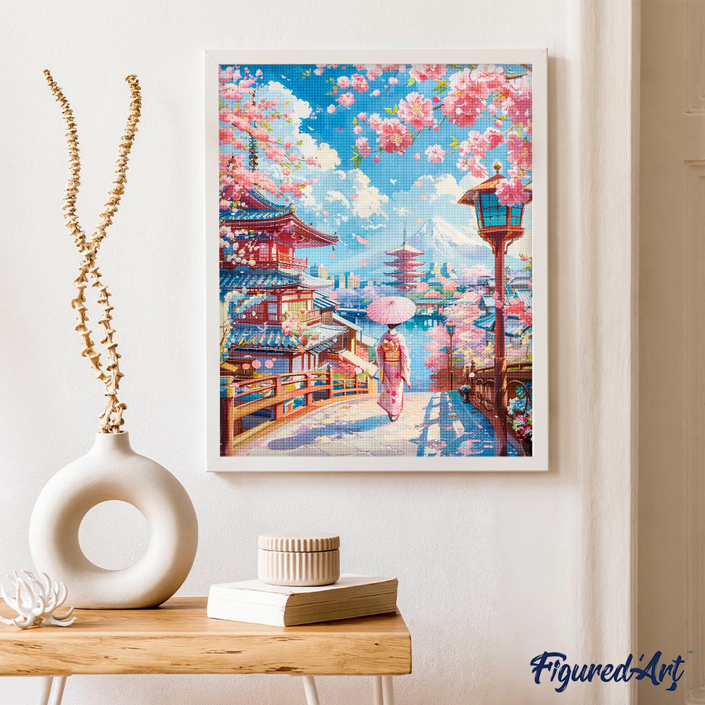 Diamond Painting 40x50 auf Keilrahmen gespannt Figured’Art Straße mit Kirschblüten in Kyoto - Kidis Art