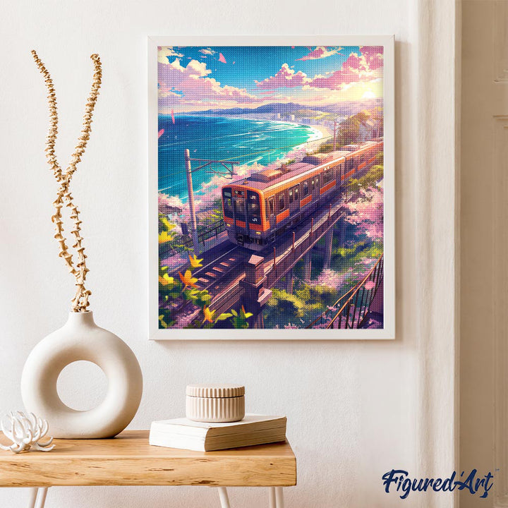 Diamond Painting 40x50 auf Keilrahmen gespannt Figured’Art Eisenbahn mit Kirschblüten am Meer - Kidis Art