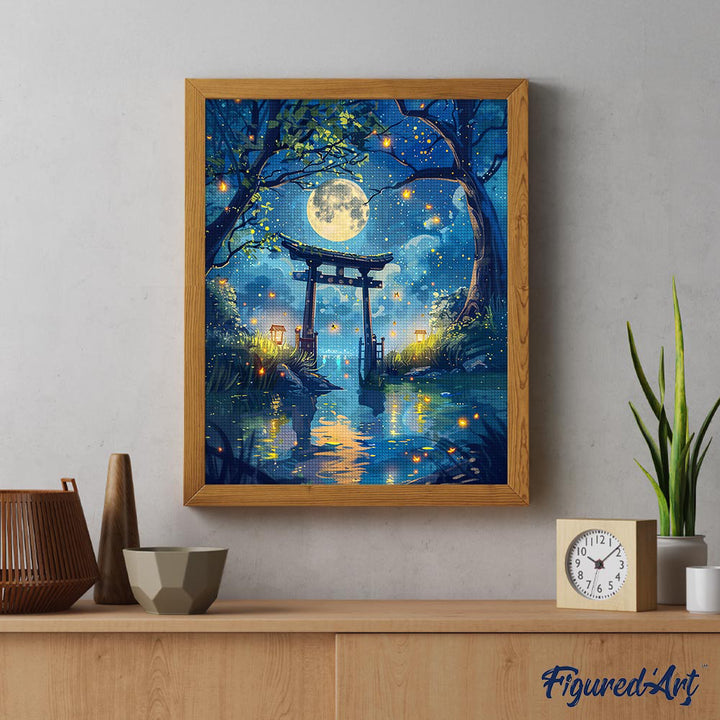 Diamond Painting 40x50 auf Keilrahmen gespannt Figured’Art Torii im Mondlicht und Glühwürmchen - Kidis Art