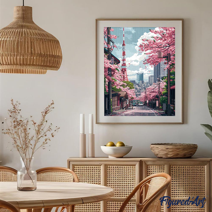 Diamond Painting 40x50 auf Keilrahmen gespannt Figured’Art Straße mit Kirschblüten in Tokio - Kidis Art
