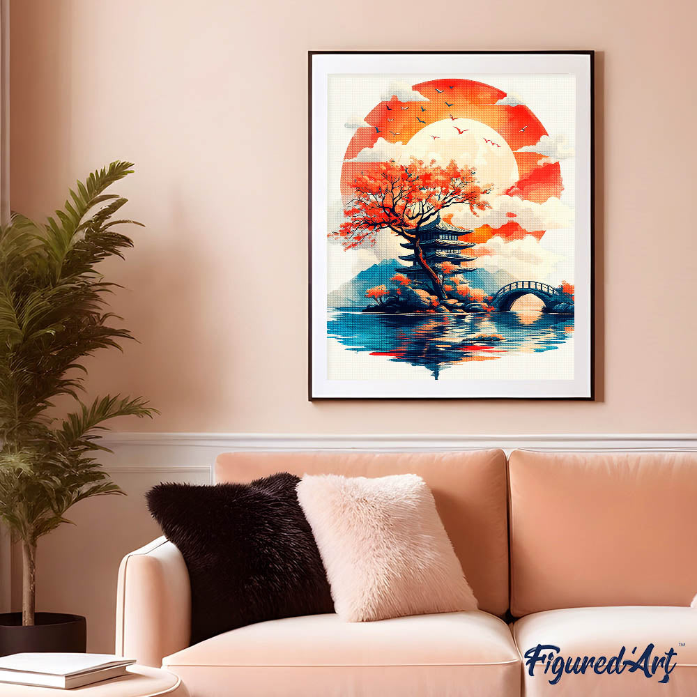 Diamond Painting 40x50 auf Keilrahmen gespannt Figured’Art Pagode unter der aufgehenden Sonne - Kidis Art