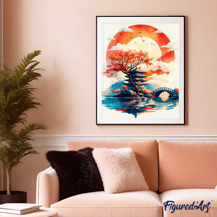 Diamond Painting 40x50 auf Keilrahmen gespannt Figured’Art Pagode unter der aufgehenden Sonne - Kidis Art