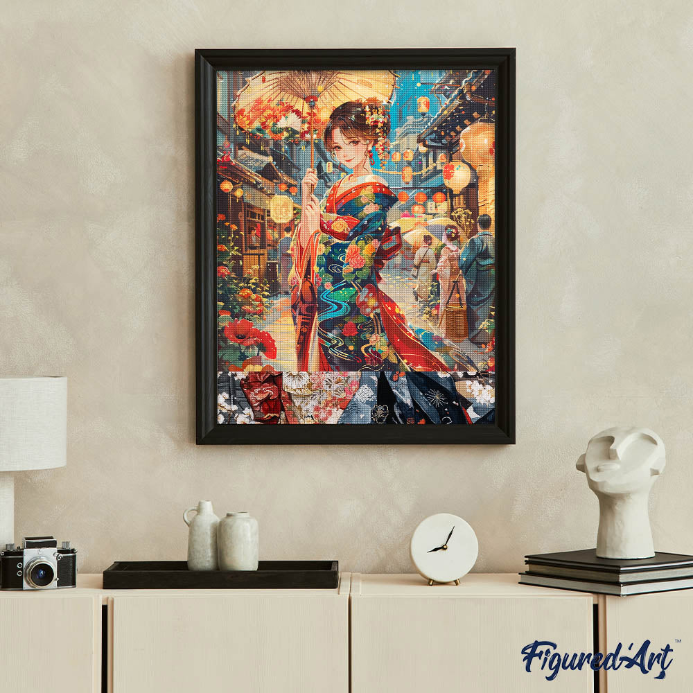 Diamond Painting 40x50 gerollte Leinwand Figured’Art Junges Mädchen im Kimono beim Laternenfest - Kidis Art