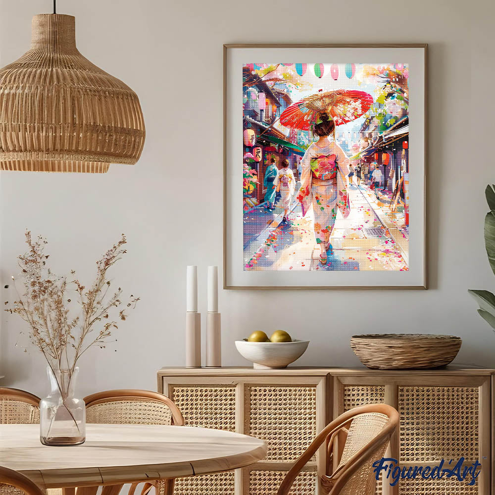 Diamond Painting 40x50 auf Keilrahmen gespannt Figured’Art Frau im Yukata in einer belebten Straße - Kidis Art