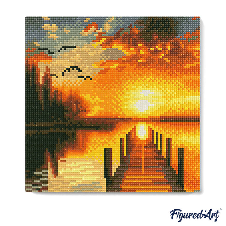 Mini Diamond Painting 25 x 25 cm ohne Keilrahmen Goldener Seesonnenuntergang - Kidis Art
