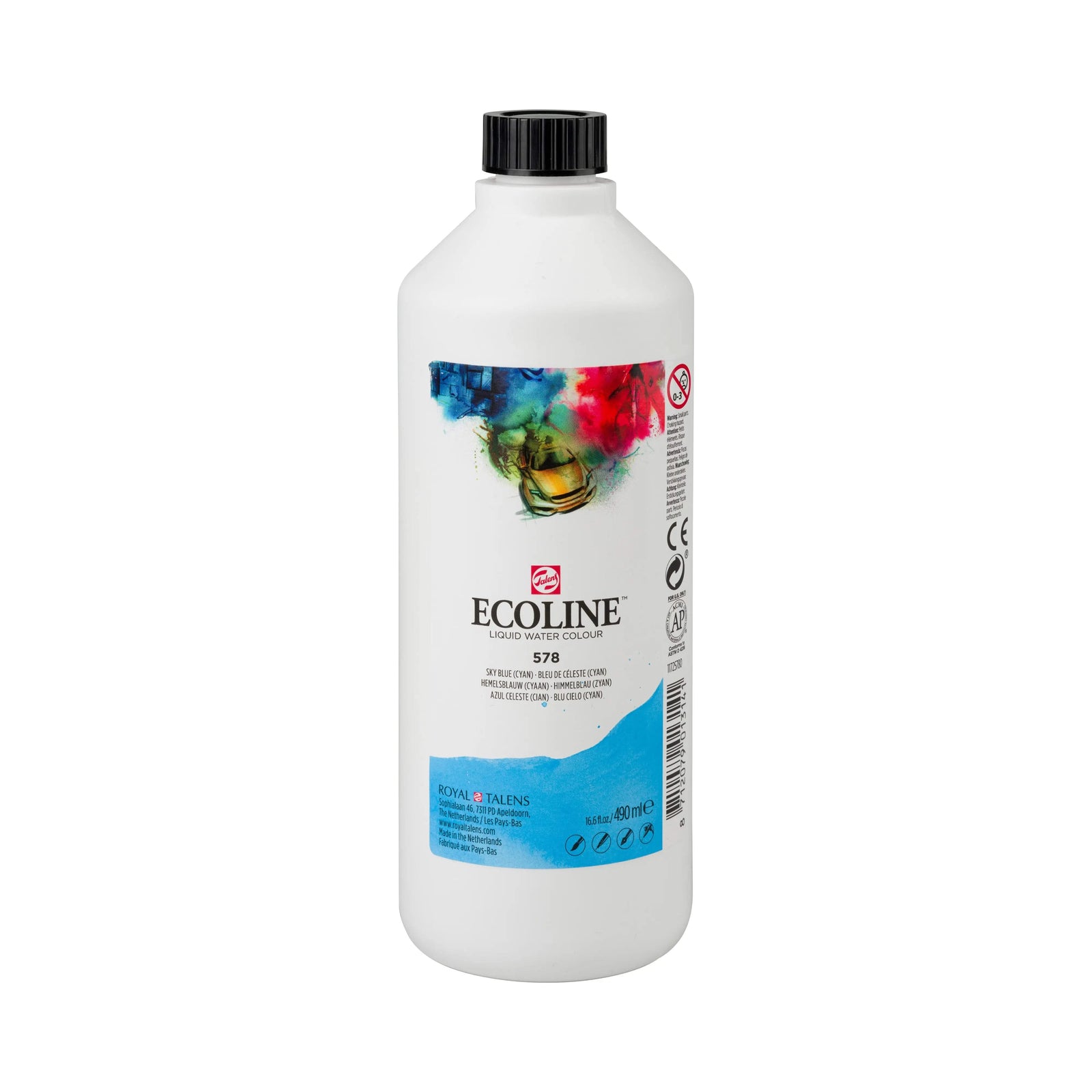 Ecoline Flüssige Wasserfarbe Flasche 490 ml Himmelblau (Zyan) 578 - Kidis Art