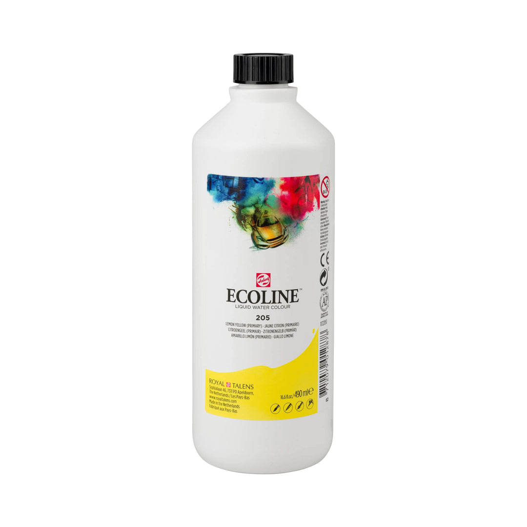Ecoline Flüssige Wasserfarbe Flasche 490 ml Zitronengelb (Primär) 205 - Kidis Art