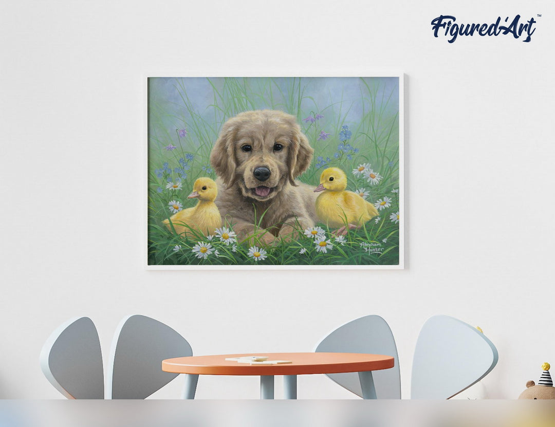 Malen nach Zahlen 40x50cm auf Keilrahmen gespannt Figured’Art Labrador und Küken - Kidis Art