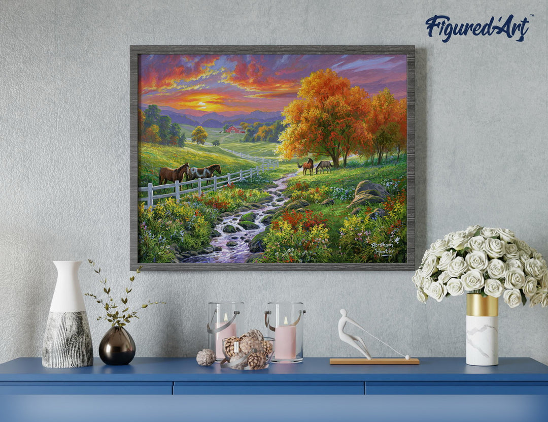Malen nach Zahlen 40x50cm auf Keilrahmen gespannt Figured’Art Landschaftlicher Sonnenuntergang und Pferde - Kidis Art