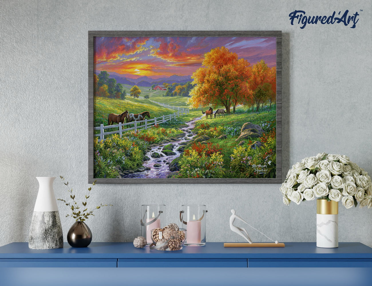 Malen nach Zahlen 40x50cm auf Keilrahmen gespannt Figured’Art Landschaftlicher Sonnenuntergang und Pferde - Kidis Art