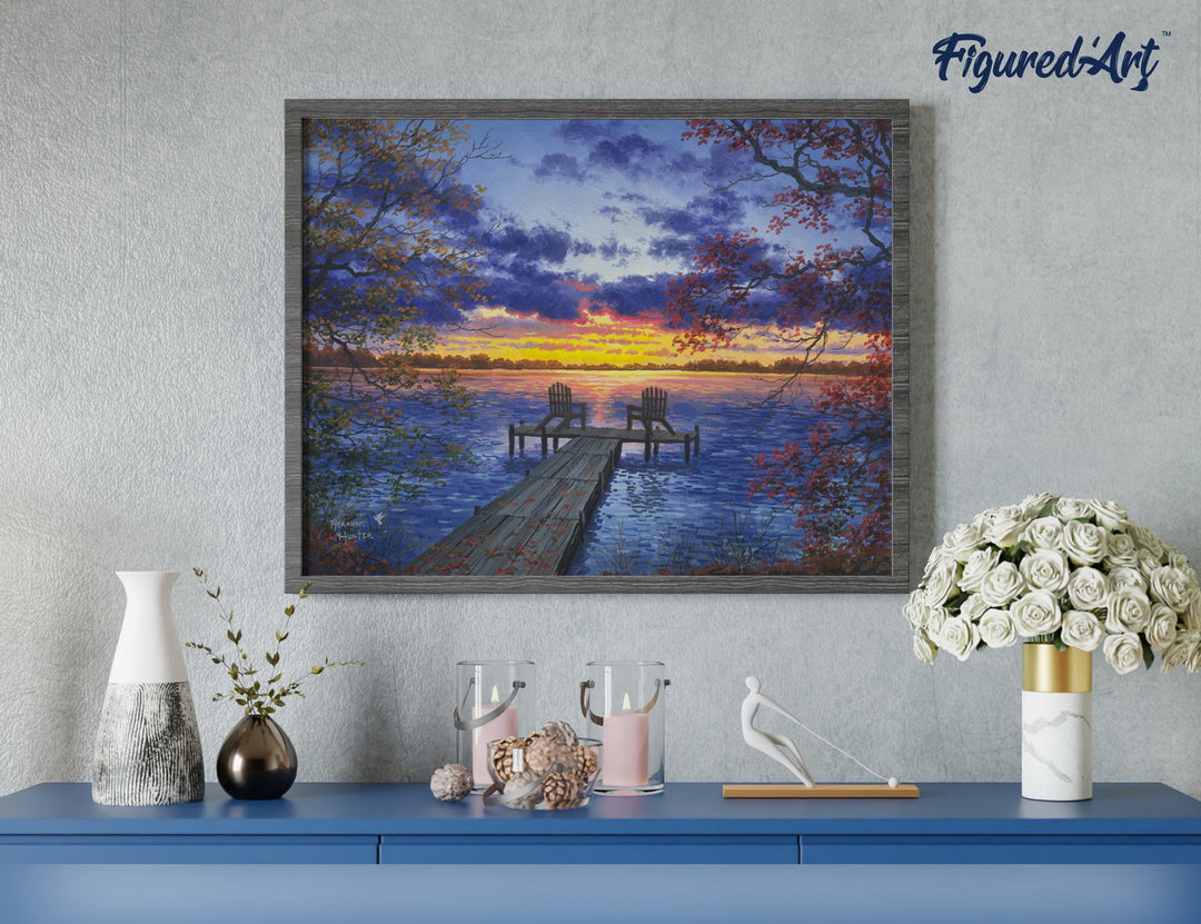 Malen nach Zahlen 40x50cm auf Keilrahmen gespannt Figured’Art Eine Abenddämmerung am Flusssteg - Kidis Art
