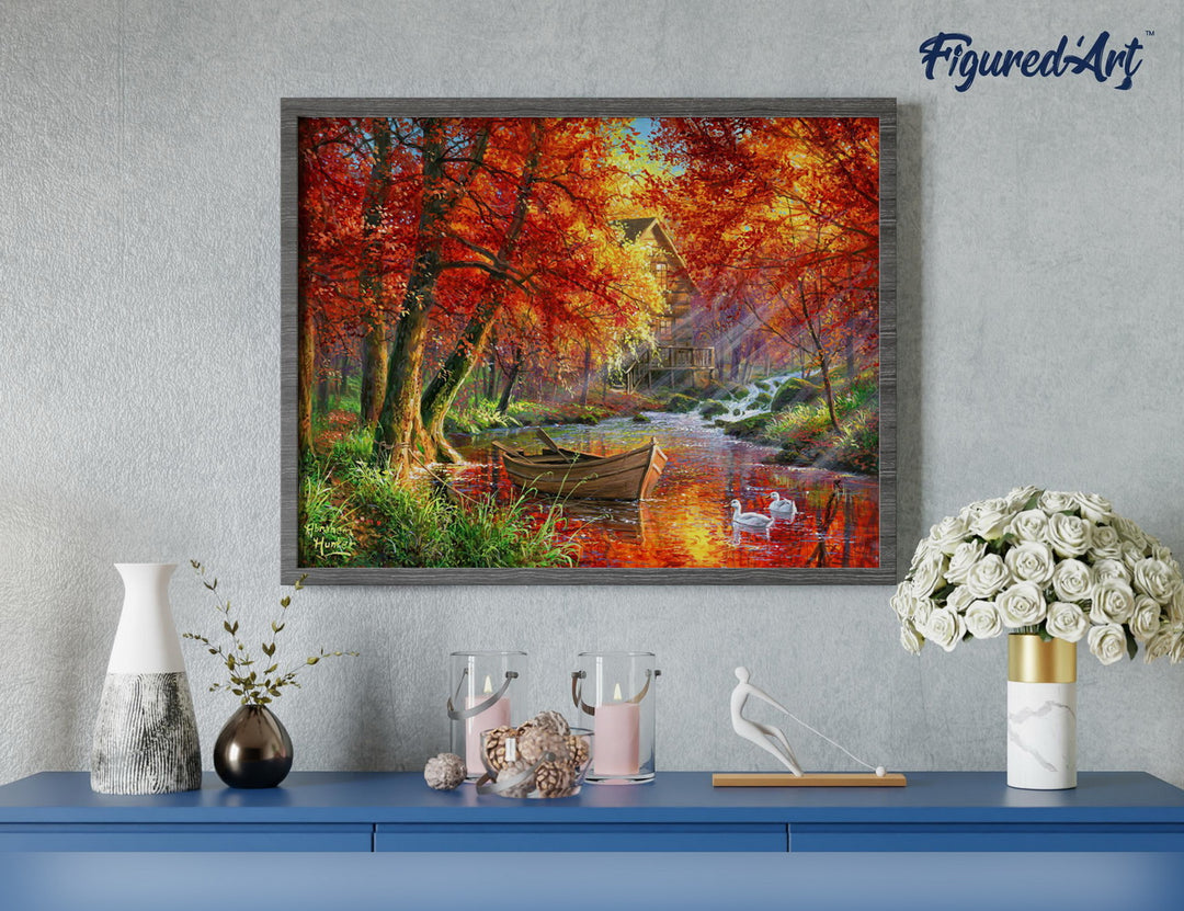 Malen nach Zahlen 40x50cm ohne Keilrahmen Figured’Art Boot am Herbstlichen Fluss - Kidis Art